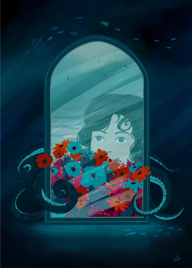Illustrateur d'un miroir sous l'océan avec des tentacules et des fleurs