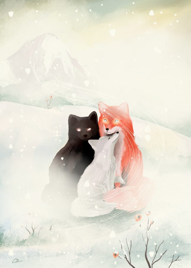 Illustration d'un renard blanc, un renard noir et un renard roux dans la neige