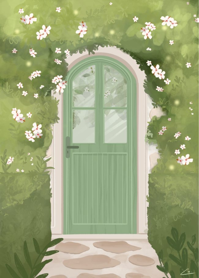 Illustration d'une porte verte au milieu de la végétation